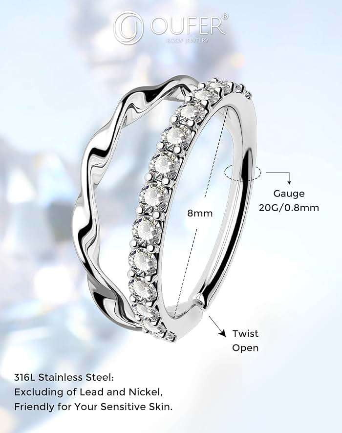 OUFER Nose Rings Silver, 20G Double Hoop 8MM Nose Rings, Seamless Stainless Steel Rook Daith Piercing Jewelry for Women & Men - Image 3