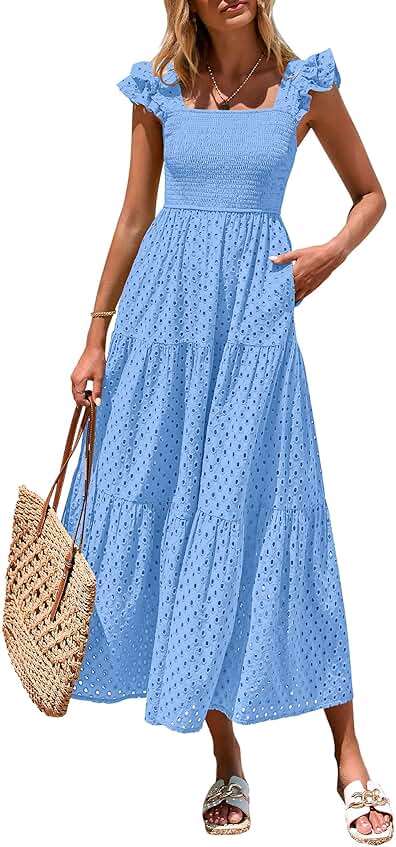PRETTYGARDEN Womens Summer Square Neck Maxi Dresses Cap Sleeve Eyelet Smocked Tiered A Line Flowy Long Dress with Pockets - Image 1