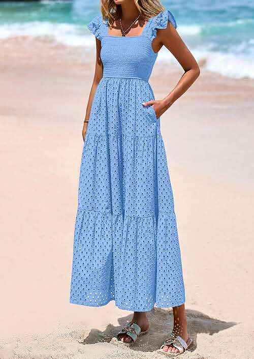 PRETTYGARDEN Womens Summer Square Neck Maxi Dresses Cap Sleeve Eyelet Smocked Tiered A Line Flowy Long Dress with Pockets - Image 3