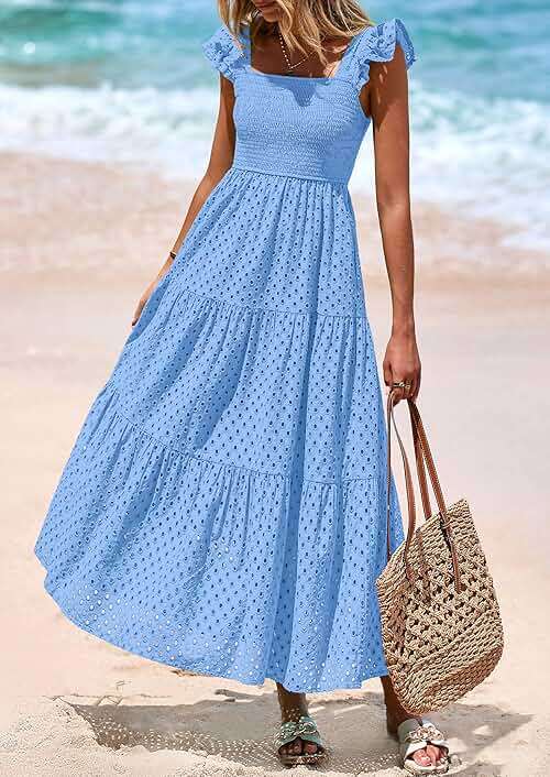 PRETTYGARDEN Womens Summer Square Neck Maxi Dresses Cap Sleeve Eyelet Smocked Tiered A Line Flowy Long Dress with Pockets - Image 4