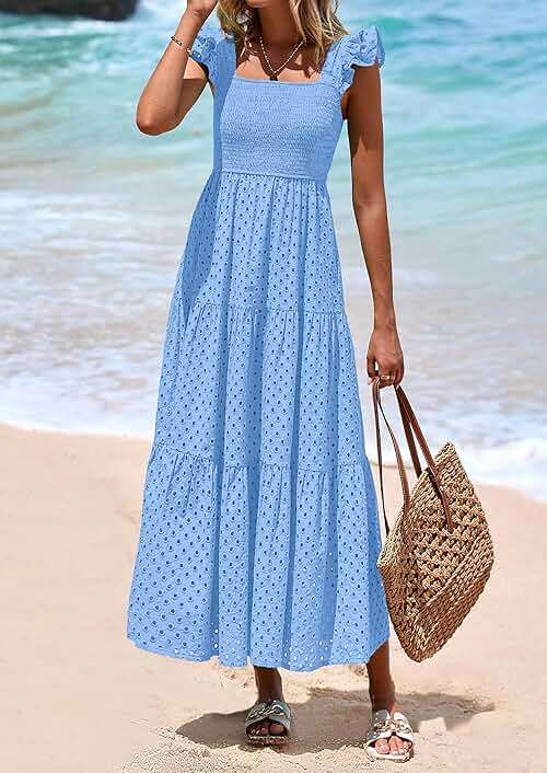 PRETTYGARDEN Womens Summer Square Neck Maxi Dresses Cap Sleeve Eyelet Smocked Tiered A Line Flowy Long Dress with Pockets - Image 6