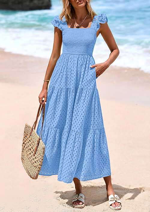 PRETTYGARDEN Womens Summer Square Neck Maxi Dresses Cap Sleeve Eyelet Smocked Tiered A Line Flowy Long Dress with Pockets - Image 7