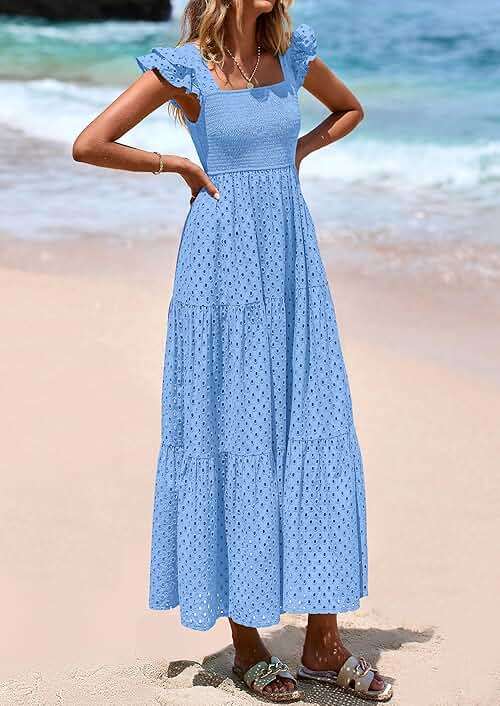 PRETTYGARDEN Womens Summer Square Neck Maxi Dresses Cap Sleeve Eyelet Smocked Tiered A Line Flowy Long Dress with Pockets - Image 8