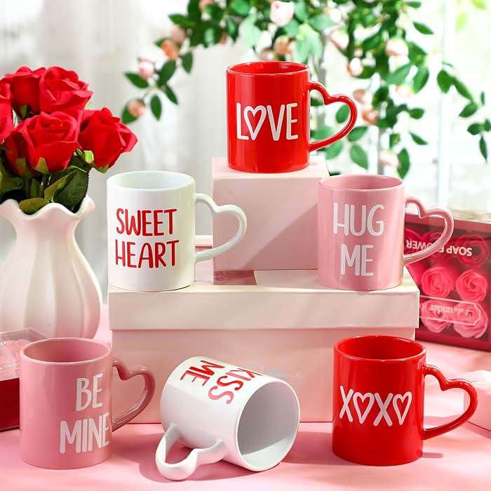 Pickmesh Valentines Coffee Mug Set of 6, 10 oz Valentines Mugs with Handle Pink Red White Ceramic Enamel Cups for Gift Party Supplies - Image 2