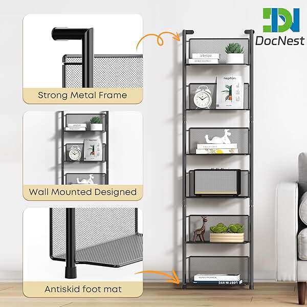 Docnest 6 Tier Ladder Shelf Wall Mounted, 47.6 Inch Metal Bookshelf Organizer, Modern Floating Shelves for Plants Books Home Decor, Black - Image 4