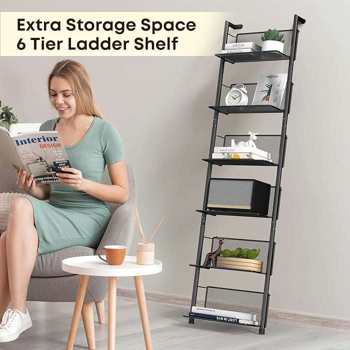 Docnest 6 Tier Ladder Shelf Wall Mounted, 47.6 Inch Metal Bookshelf Organizer, Modern Floating Shelves for Plants Books Home Decor, Black - Image 5