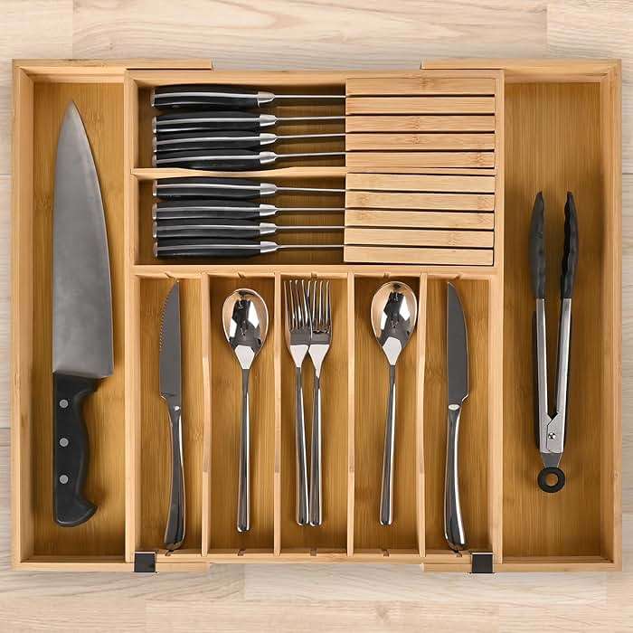 Silverware Organizer Expandable Bamboo Drawer Organizer with Non-Slip Stainless Steel Locking Clips, Kitchen Utensil Holder with Knife Block, Adjustable Cutlery Tray with Curved Grooves Dividers - Image 2