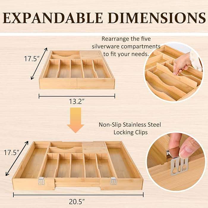 Silverware Organizer Expandable Bamboo Drawer Organizer with Non-Slip Stainless Steel Locking Clips, Kitchen Utensil Holder with Knife Block, Adjustable Cutlery Tray with Curved Grooves Dividers - Image 3
