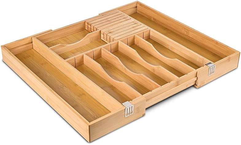 Silverware Organizer Expandable Bamboo Drawer Organizer with Non-Slip Stainless Steel Locking Clips, Kitchen Utensil Holder with Knife Block, Adjustable Cutlery Tray with Curved Grooves Dividers - Image 4