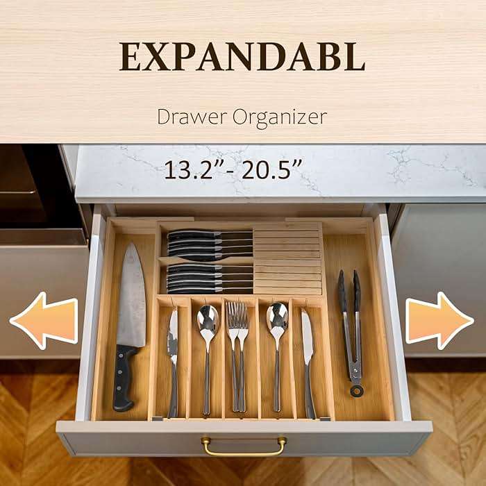 Silverware Organizer Expandable Bamboo Drawer Organizer with Non-Slip Stainless Steel Locking Clips, Kitchen Utensil Holder with Knife Block, Adjustable Cutlery Tray with Curved Grooves Dividers - Image 5