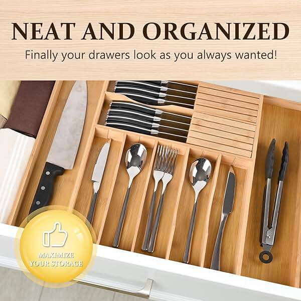 Silverware Organizer Expandable Bamboo Drawer Organizer with Non-Slip Stainless Steel Locking Clips, Kitchen Utensil Holder with Knife Block, Adjustable Cutlery Tray with Curved Grooves Dividers - Image 6