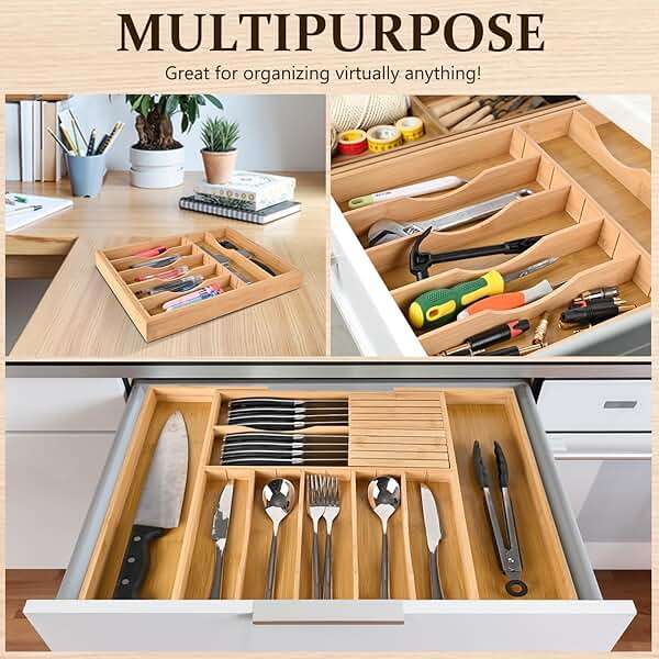 Silverware Organizer Expandable Bamboo Drawer Organizer with Non-Slip Stainless Steel Locking Clips, Kitchen Utensil Holder with Knife Block, Adjustable Cutlery Tray with Curved Grooves Dividers - Image 7