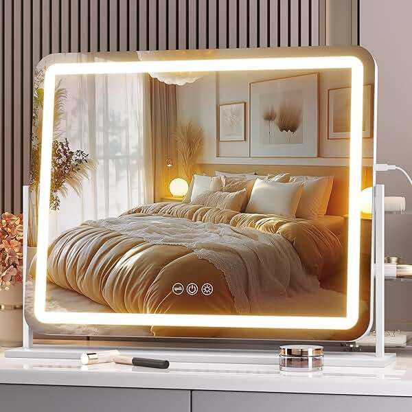 Hasipu Vanity Mirror with Lights, 24" x 20" LED Makeup Mirror, Light up Mirror with Smart Touch 3 Colors Dimmable, Brightness Adjustment, 360° Rotation (White) - Image 1