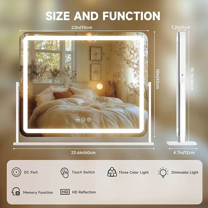 Hasipu Vanity Mirror with Lights, 24" x 20" LED Makeup Mirror, Light up Mirror with Smart Touch 3 Colors Dimmable, Brightness Adjustment, 360° Rotation (White) - Image 3