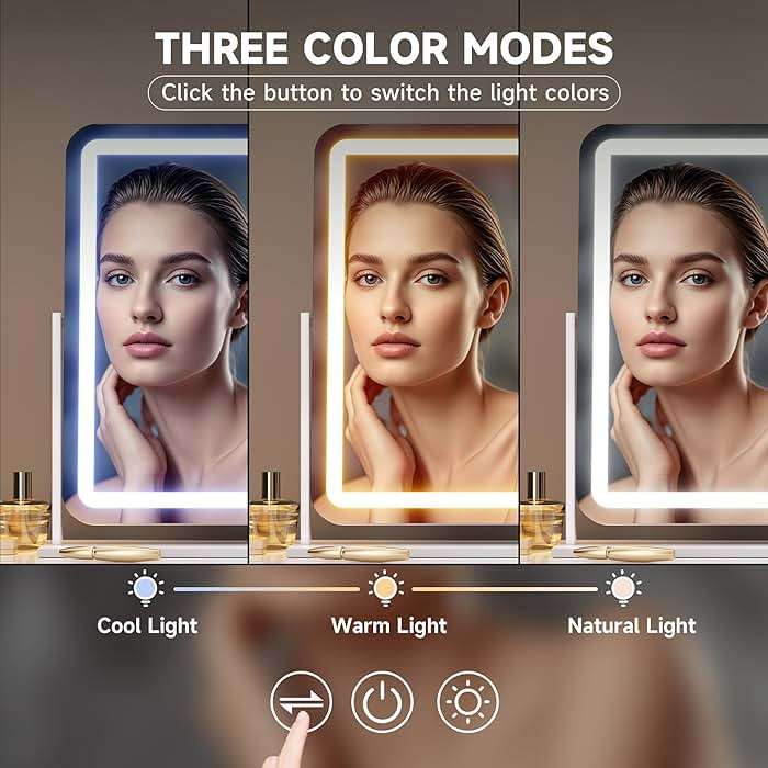 Hasipu Vanity Mirror with Lights, 24" x 20" LED Makeup Mirror, Light up Mirror with Smart Touch 3 Colors Dimmable, Brightness Adjustment, 360° Rotation (White) - Image 4