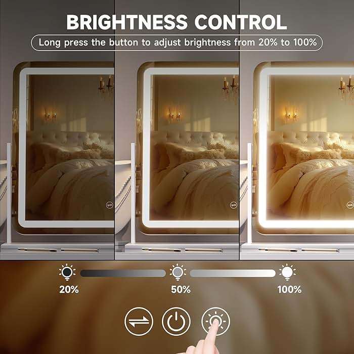 Hasipu Vanity Mirror with Lights, 24" x 20" LED Makeup Mirror, Light up Mirror with Smart Touch 3 Colors Dimmable, Brightness Adjustment, 360° Rotation (White) - Image 5