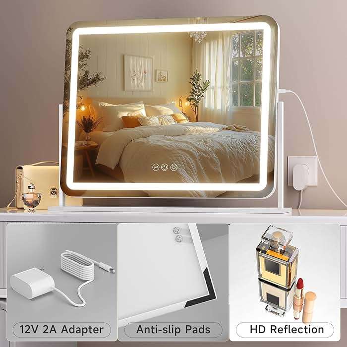 Hasipu Vanity Mirror with Lights, 24" x 20" LED Makeup Mirror, Light up Mirror with Smart Touch 3 Colors Dimmable, Brightness Adjustment, 360° Rotation (White) - Image 7