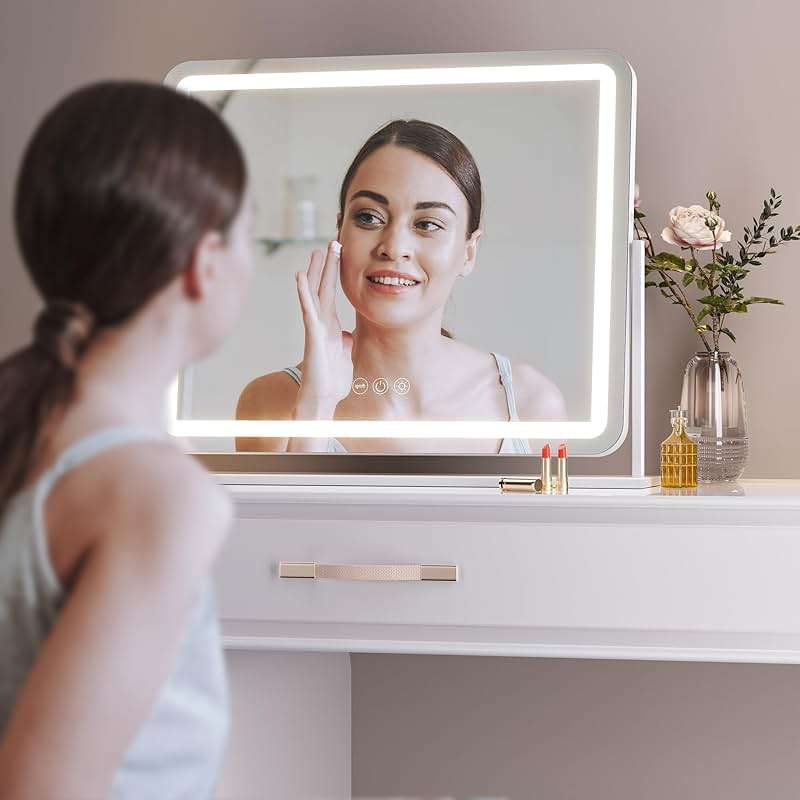 Hasipu Vanity Mirror with Lights, 24" x 20" LED Makeup Mirror, Light up Mirror with Smart Touch 3 Colors Dimmable, Brightness Adjustment, 360° Rotation (White) - Image 8