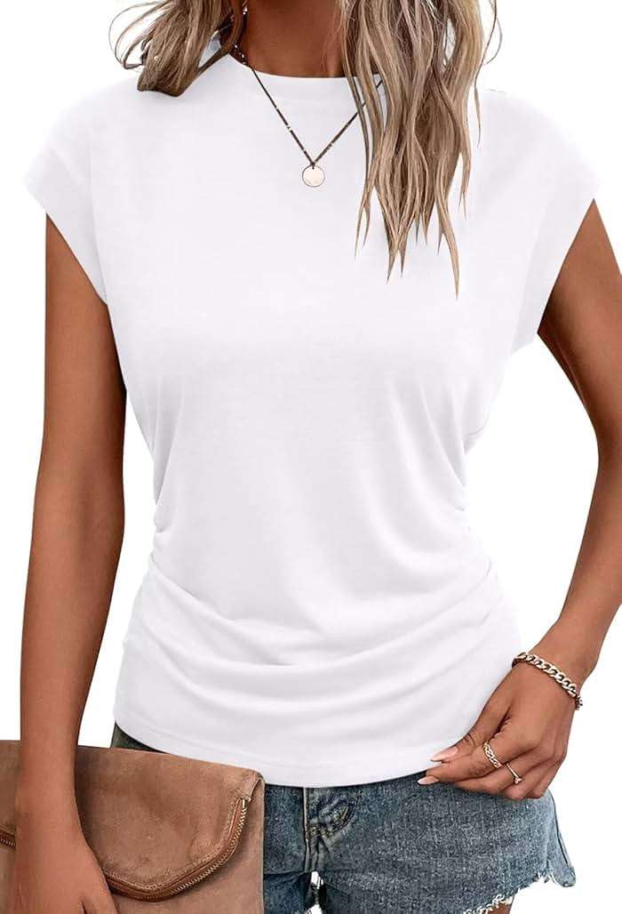 Bliwov Womens Summer Tops Cap Sleeve Crew Neck T Shirts Spring Trendy Fashion Outfits Business Beach Vacation Blouses Clothes - Image 1