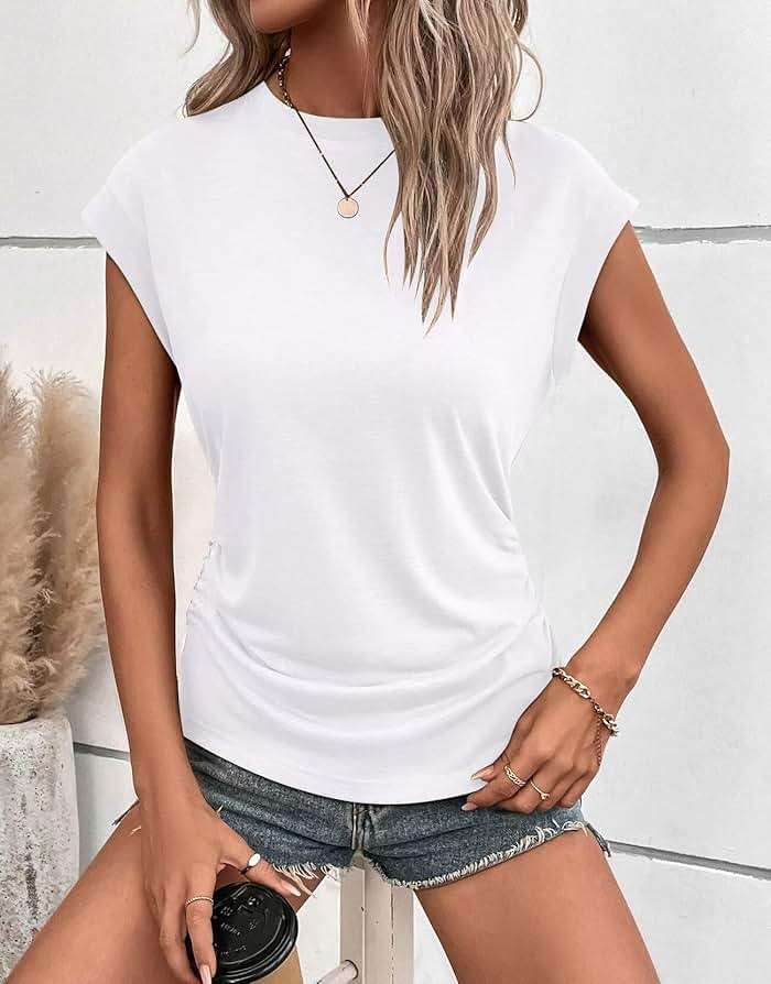 Bliwov Womens Summer Tops Cap Sleeve Crew Neck T Shirts Spring Trendy Fashion Outfits Business Beach Vacation Blouses Clothes - Image 5