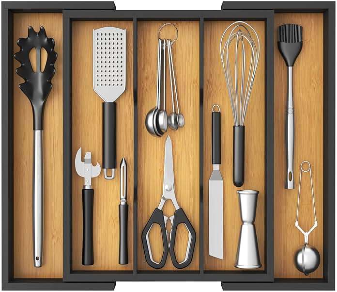 Lifewit Utensil Organizer for Kitchen Drawer, Expandable Cooking Utensil Tray, Cutlery Silverware Flatware Holder, Wood Adjustable Spatula Tools Storage Divider, 33 -56x38cm, Natural and Black - Image 1