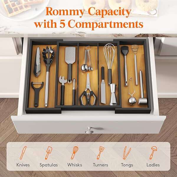 Lifewit Utensil Organizer for Kitchen Drawer, Expandable Cooking Utensil Tray, Cutlery Silverware Flatware Holder, Wood Adjustable Spatula Tools Storage Divider, 33 -56x38cm, Natural and Black - Image 3