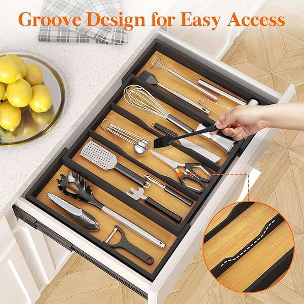 Lifewit Utensil Organizer for Kitchen Drawer, Expandable Cooking Utensil Tray, Cutlery Silverware Flatware Holder, Wood Adjustable Spatula Tools Storage Divider, 33 -56x38cm, Natural and Black - Image 4