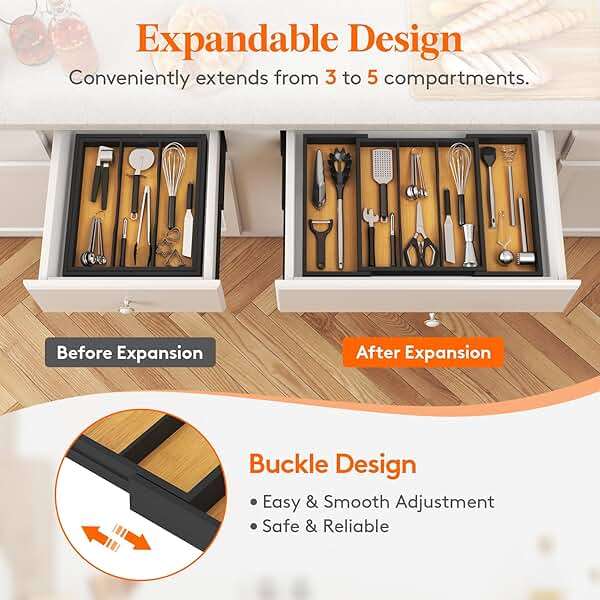 Lifewit Utensil Organizer for Kitchen Drawer, Expandable Cooking Utensil Tray, Cutlery Silverware Flatware Holder, Wood Adjustable Spatula Tools Storage Divider, 33 -56x38cm, Natural and Black - Image 5