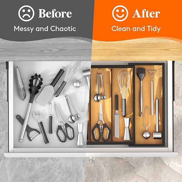 Lifewit Utensil Organizer for Kitchen Drawer, Expandable Cooking Utensil Tray, Cutlery Silverware Flatware Holder, Wood Adjustable Spatula Tools Storage Divider, 33 -56x38cm, Natural and Black - Image 7