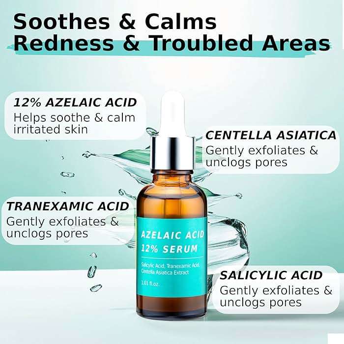 Azelaic Topical Acid 12% Serum for Face – Dark Spot Remover with Tranexamic Acid, Salicylic Acid, Niacinamide & Centella Asiatica – Acne, Hyperpigmentation & Rosacea Treatment 1 Oz Korean Skincare - Image 4