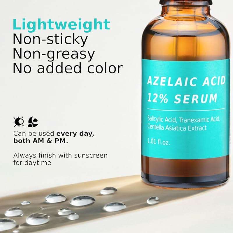 Azelaic Topical Acid 12% Serum for Face – Dark Spot Remover with Tranexamic Acid, Salicylic Acid, Niacinamide & Centella Asiatica – Acne, Hyperpigmentation & Rosacea Treatment 1 Oz Korean Skincare - Image 5