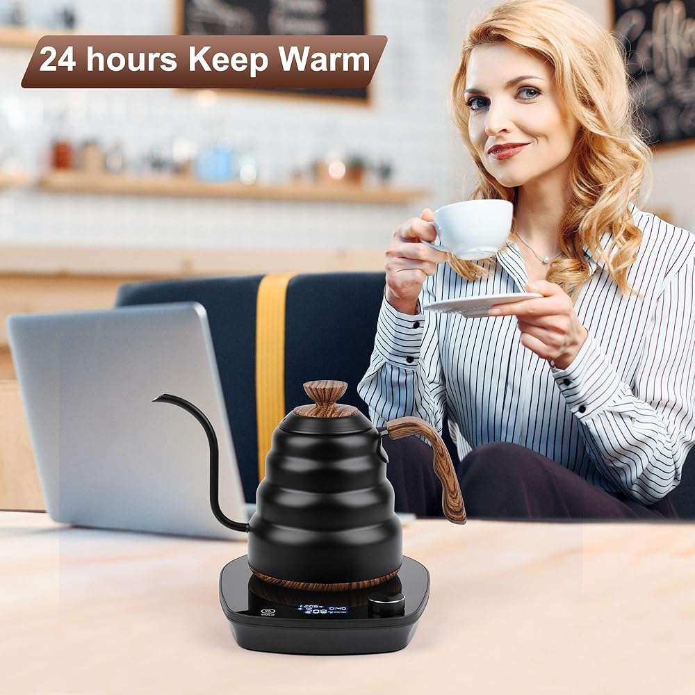 Electric Gooseneck Kettle, 30oz/0.9L Intelligent Temperature Control, Quick Heating, 304 Stainless Steel for Pour Over Coffee, Brew Tea, Boil Hot Water, 1000W （Black） - Image 2