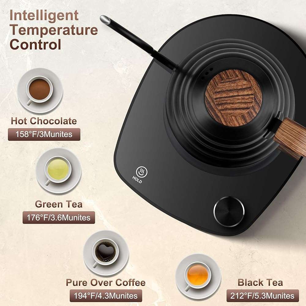 Electric Gooseneck Kettle, 30oz/0.9L Intelligent Temperature Control, Quick Heating, 304 Stainless Steel for Pour Over Coffee, Brew Tea, Boil Hot Water, 1000W （Black） - Image 3