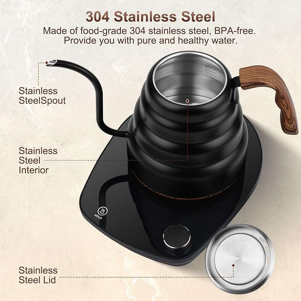 Electric Gooseneck Kettle, 30oz/0.9L Intelligent Temperature Control, Quick Heating, 304 Stainless Steel for Pour Over Coffee, Brew Tea, Boil Hot Water, 1000W （Black） - Image 4
