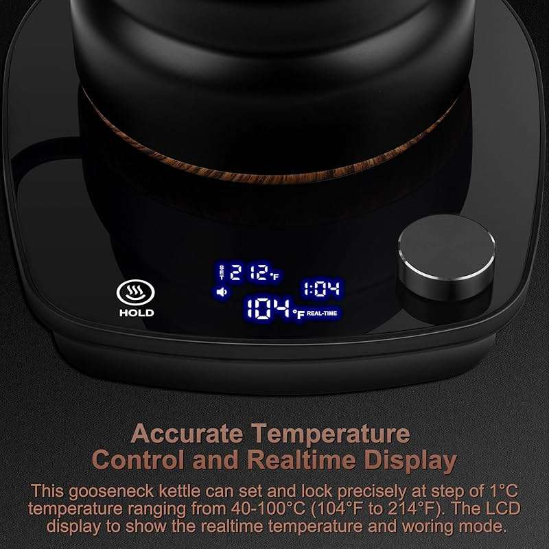 Electric Gooseneck Kettle, 30oz/0.9L Intelligent Temperature Control, Quick Heating, 304 Stainless Steel for Pour Over Coffee, Brew Tea, Boil Hot Water, 1000W （Black） - Image 5