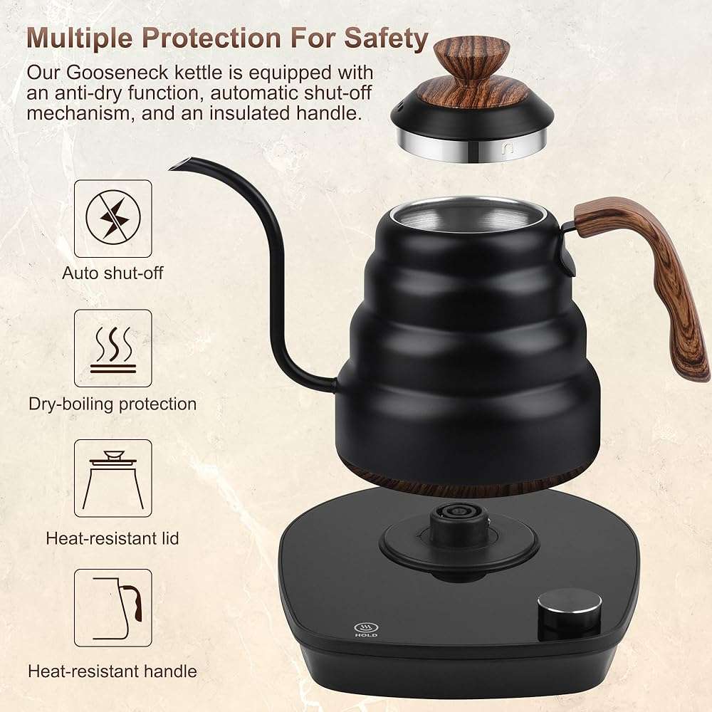 Electric Gooseneck Kettle, 30oz/0.9L Intelligent Temperature Control, Quick Heating, 304 Stainless Steel for Pour Over Coffee, Brew Tea, Boil Hot Water, 1000W （Black） - Image 6