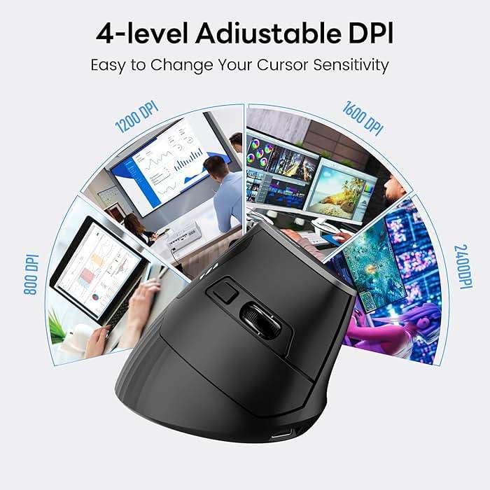Uineer Wireless Ergonomic Mouse, Bluetooth Mice (BT4.0/5.0 and 2.4G) Rechargeable Vertical Mouse, 3 Multi-Device Connectivity for PC/Mac/Laptop/Computer, 4 DPI Quiet Clicks for Office, Home-Black - Image 4