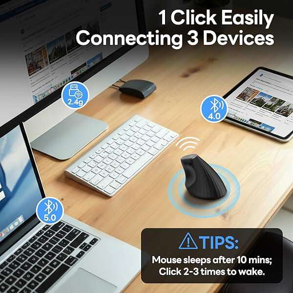 Uineer Wireless Ergonomic Mouse, Bluetooth Mice (BT4.0/5.0 and 2.4G) Rechargeable Vertical Mouse, 3 Multi-Device Connectivity for PC/Mac/Laptop/Computer, 4 DPI Quiet Clicks for Office, Home-Black - Image 5
