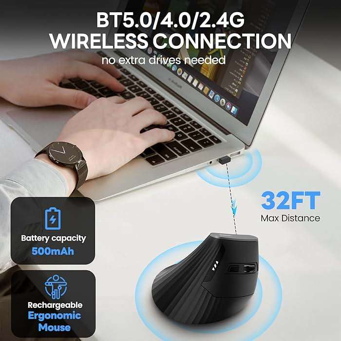 Uineer Wireless Ergonomic Mouse, Bluetooth Mice (BT4.0/5.0 and 2.4G) Rechargeable Vertical Mouse, 3 Multi-Device Connectivity for PC/Mac/Laptop/Computer, 4 DPI Quiet Clicks for Office, Home-Black - Image 6