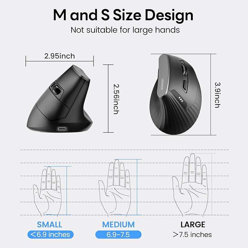 Uineer Wireless Ergonomic Mouse, Bluetooth Mice (BT4.0/5.0 and 2.4G) Rechargeable Vertical Mouse, 3 Multi-Device Connectivity for PC/Mac/Laptop/Computer, 4 DPI Quiet Clicks for Office, Home-Black - Image 8