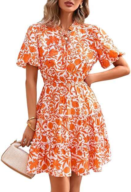 BTFBM Women Summer Floral Short Dresses V Neck Short Sleeve Tiered Ruffle Boho Swing Dress A-Line Mini Dresses - Image 1