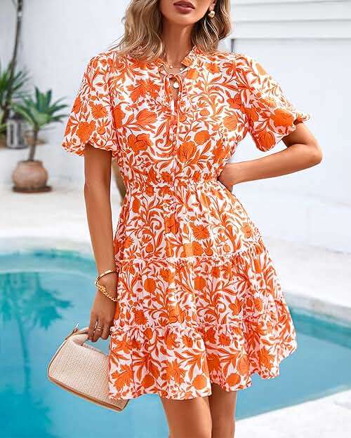 BTFBM Women Summer Floral Short Dresses V Neck Short Sleeve Tiered Ruffle Boho Swing Dress A-Line Mini Dresses - Image 3