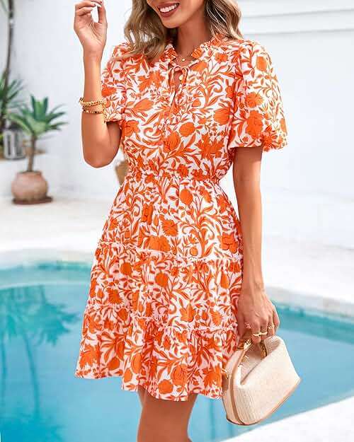 BTFBM Women Summer Floral Short Dresses V Neck Short Sleeve Tiered Ruffle Boho Swing Dress A-Line Mini Dresses - Image 4