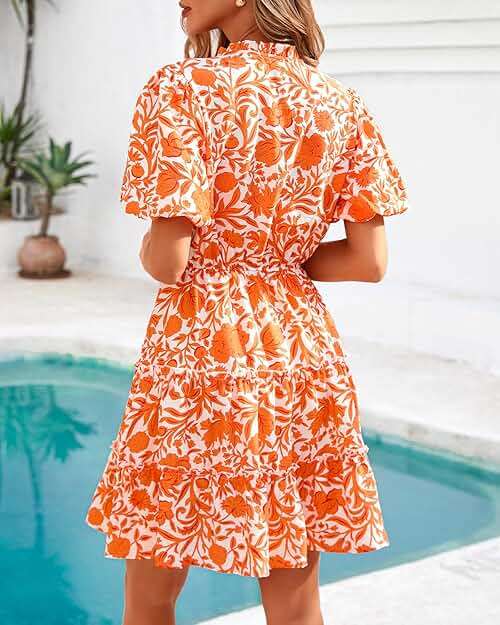 BTFBM Women Summer Floral Short Dresses V Neck Short Sleeve Tiered Ruffle Boho Swing Dress A-Line Mini Dresses - Image 7