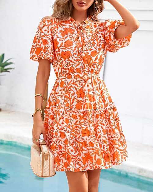 BTFBM Women Summer Floral Short Dresses V Neck Short Sleeve Tiered Ruffle Boho Swing Dress A-Line Mini Dresses - Image 8