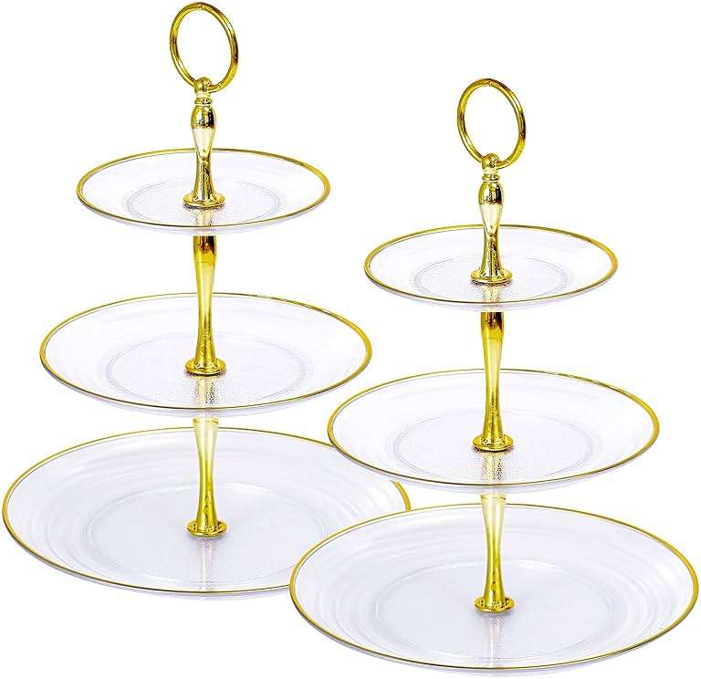 Soleebee 3-Tier Cupcake Stand, Round Plastic Tiered Serving Tray, Cup Cake Tower for Birthday Wedding Party Decoration, Cupcake Tier Stand Fruits Desserts Display 2 Pack (Clear Gold) - Image 1