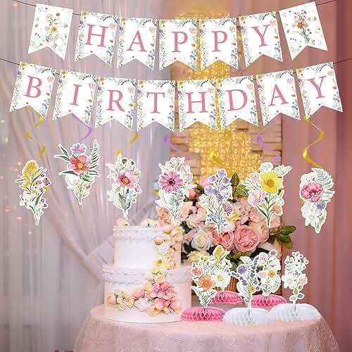 Rngmsi Flower Birthday Decorations for Girls Women, 14PCS Wildflower Floral Happy Birthday Banners Hanging Swirls and Honeycomb Centerpieces Decor Supplies - Image 2