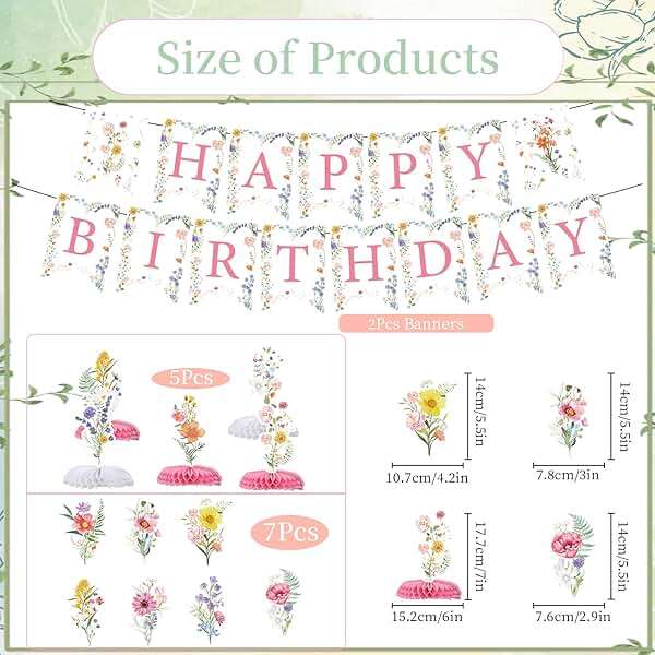 Rngmsi Flower Birthday Decorations for Girls Women, 14PCS Wildflower Floral Happy Birthday Banners Hanging Swirls and Honeycomb Centerpieces Decor Supplies - Image 3