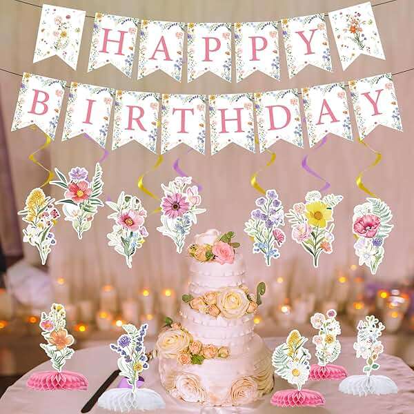 Rngmsi Flower Birthday Decorations for Girls Women, 14PCS Wildflower Floral Happy Birthday Banners Hanging Swirls and Honeycomb Centerpieces Decor Supplies - Image 5
