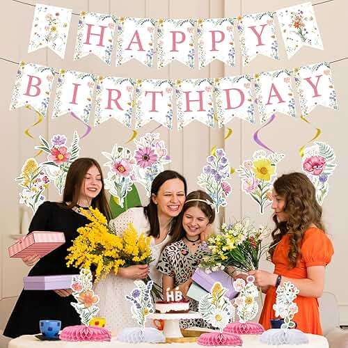 Rngmsi Flower Birthday Decorations for Girls Women, 14PCS Wildflower Floral Happy Birthday Banners Hanging Swirls and Honeycomb Centerpieces Decor Supplies - Image 6